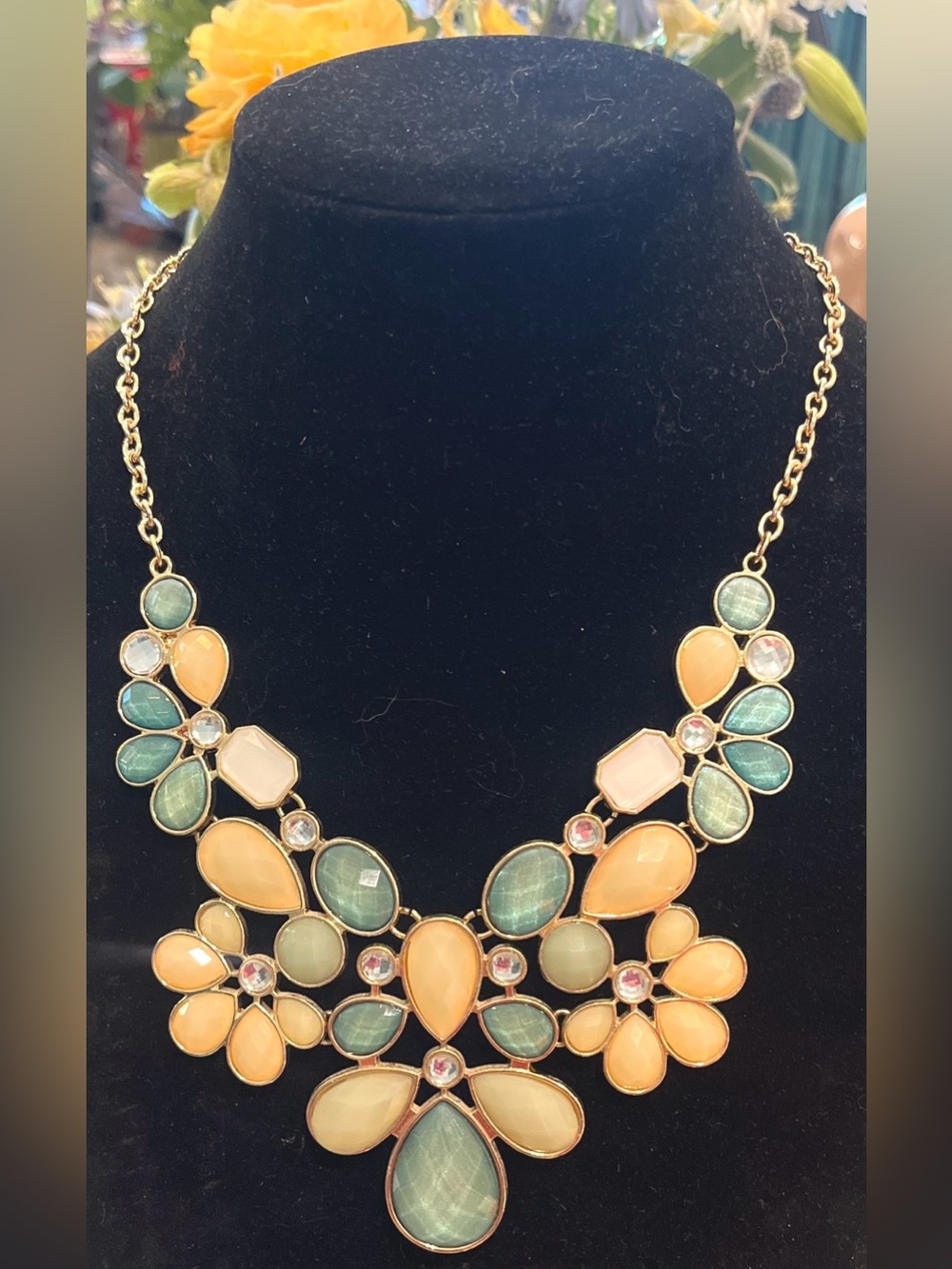 Gold-Tone Floral Bib Necklace in Yellow and Green